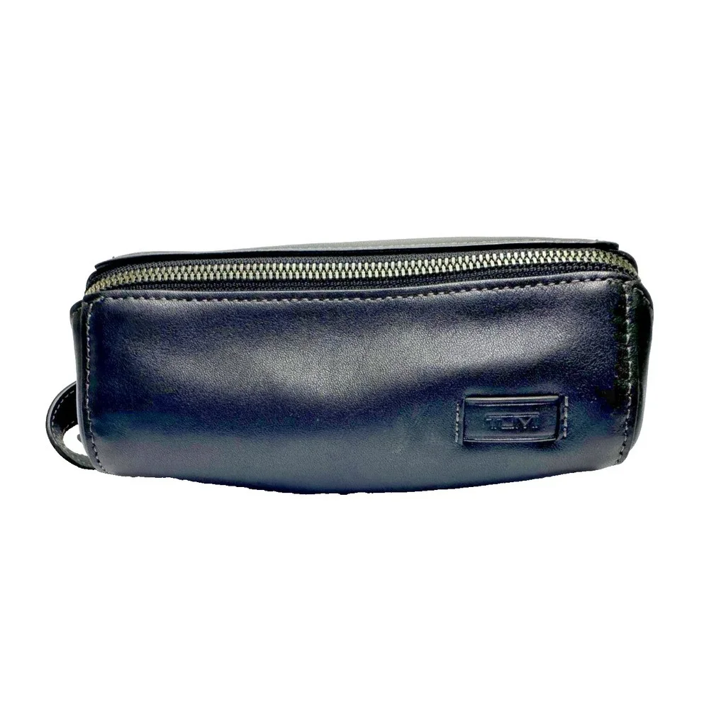 Tumi Black Leather Toiletry Kit Travel Bag Dopp Kit Round Zippered Loop Handle